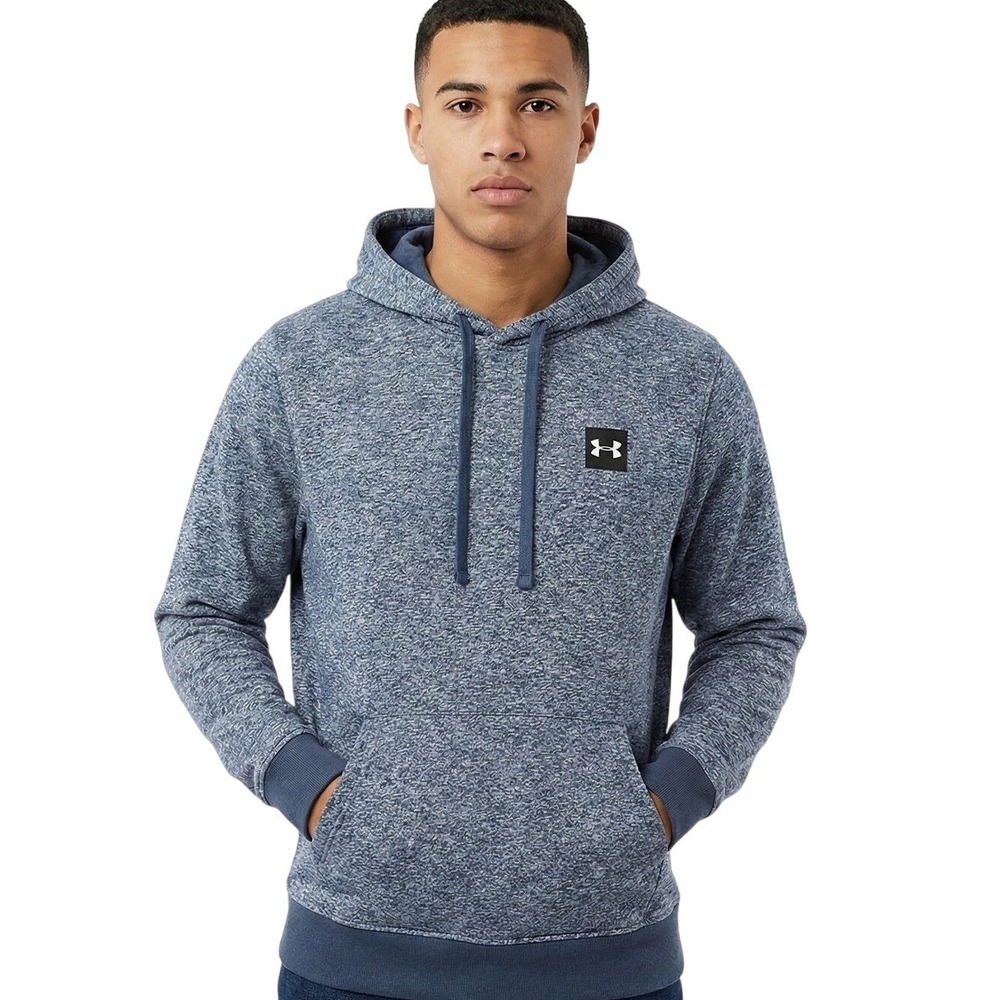 Under Armour Men's Blue Heathered Logo Patch Pullover Hoodie Sweatshirt Medium